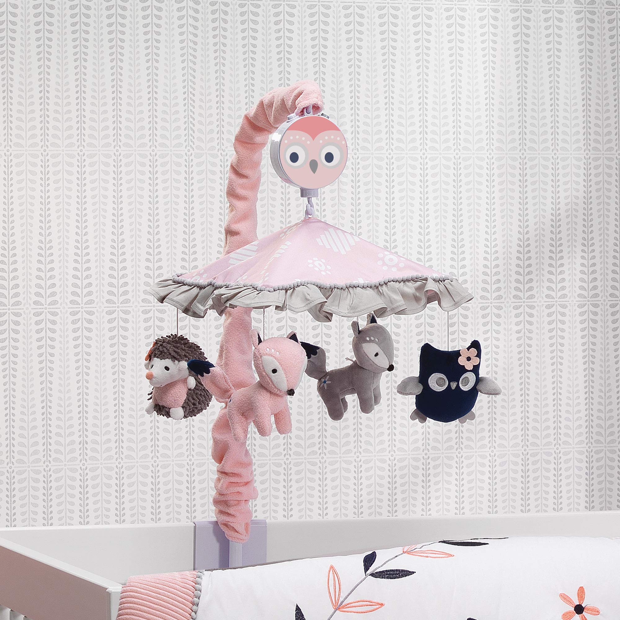 Lambs & Ivy Forever Friends Pink/Gray Woodland Owl/Fox Musical Baby Crib Mobile