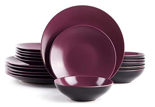 HomeVss Stoneware Two-Tone Colors Life 18pc Dinner Set，Outside Shiny Black + Inside Matte Glaze Plum