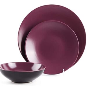 HomeVss Stoneware Two-Tone Colors Life 18pc Dinner Set，Outside Shiny Black + Inside Matte Glaze Plum