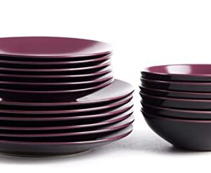 HomeVss Stoneware Two-Tone Colors Life 18pc Dinner Set，Outside Shiny Black + Inside Matte Glaze Plum