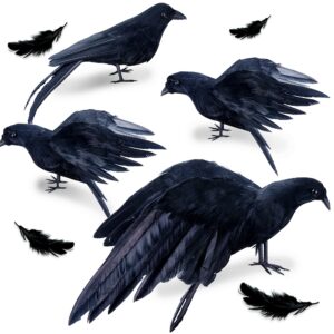 4pack realistic black feathered crow bird - 13" halloween artificial handmade feathered crows and 6" halloween lifelike raven for halloween costume party outdoor indoor decor (assembly required)