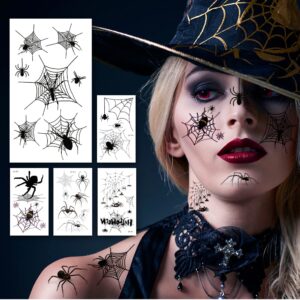 halloween makeup face temporary tattoos - halloween spider witch costume for women kids adults men web stickers| scary black fake spiderweb eye body tattoo accessories kit for widow props party decal