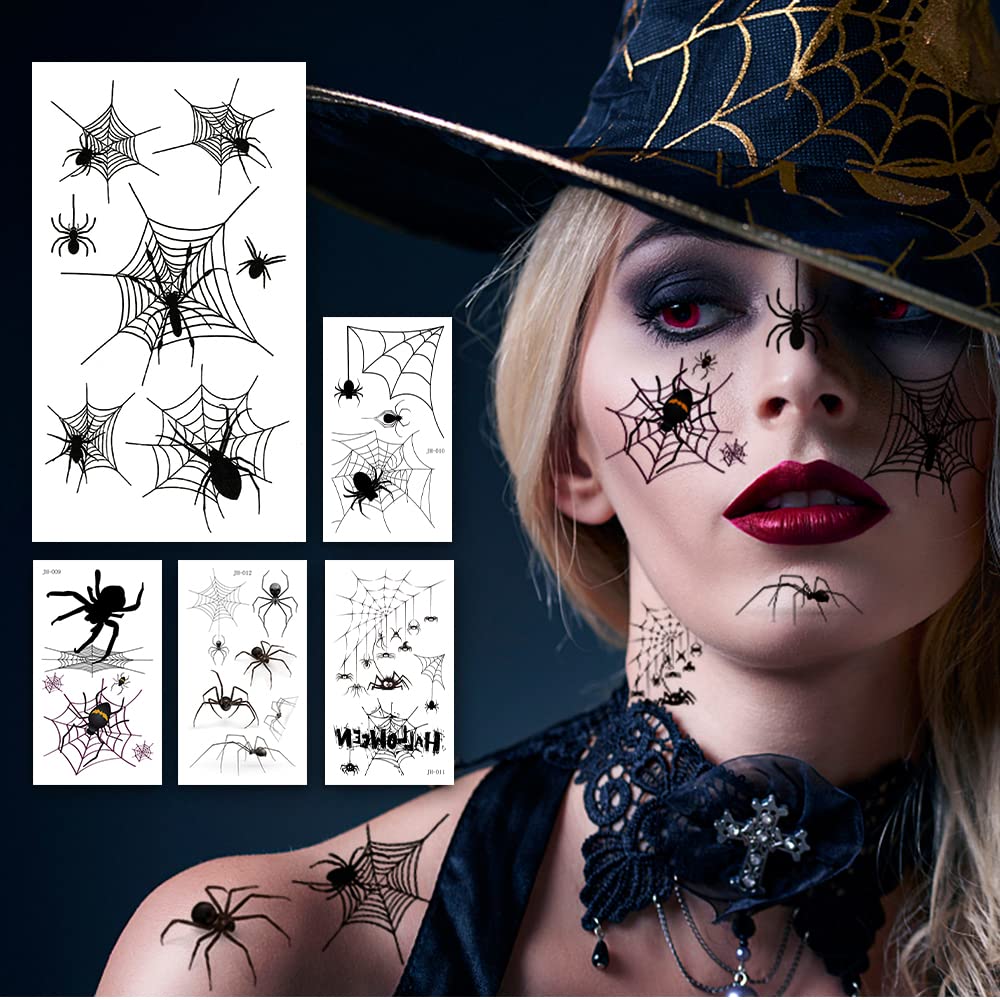 Halloween Makeup Face Temporary Tattoos - Halloween Spider Witch Costume for Women Kids Adults Men Web Stickers| Scary Black Fake Spiderweb Eye Body Tattoo Accessories Kit for Widow Props Party Decal