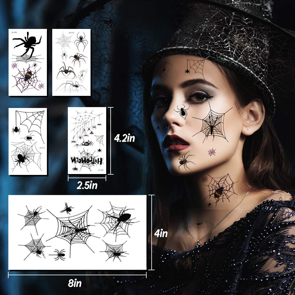 Halloween Makeup Face Temporary Tattoos - Halloween Spider Witch Costume for Women Kids Adults Men Web Stickers| Scary Black Fake Spiderweb Eye Body Tattoo Accessories Kit for Widow Props Party Decal