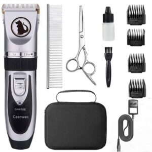 ceenwes dog clippers with storage case, low noise pet clippers, rechargeable trimmer, cordless grooming tool, professional hair trimmer for dogs, cats & others, silver