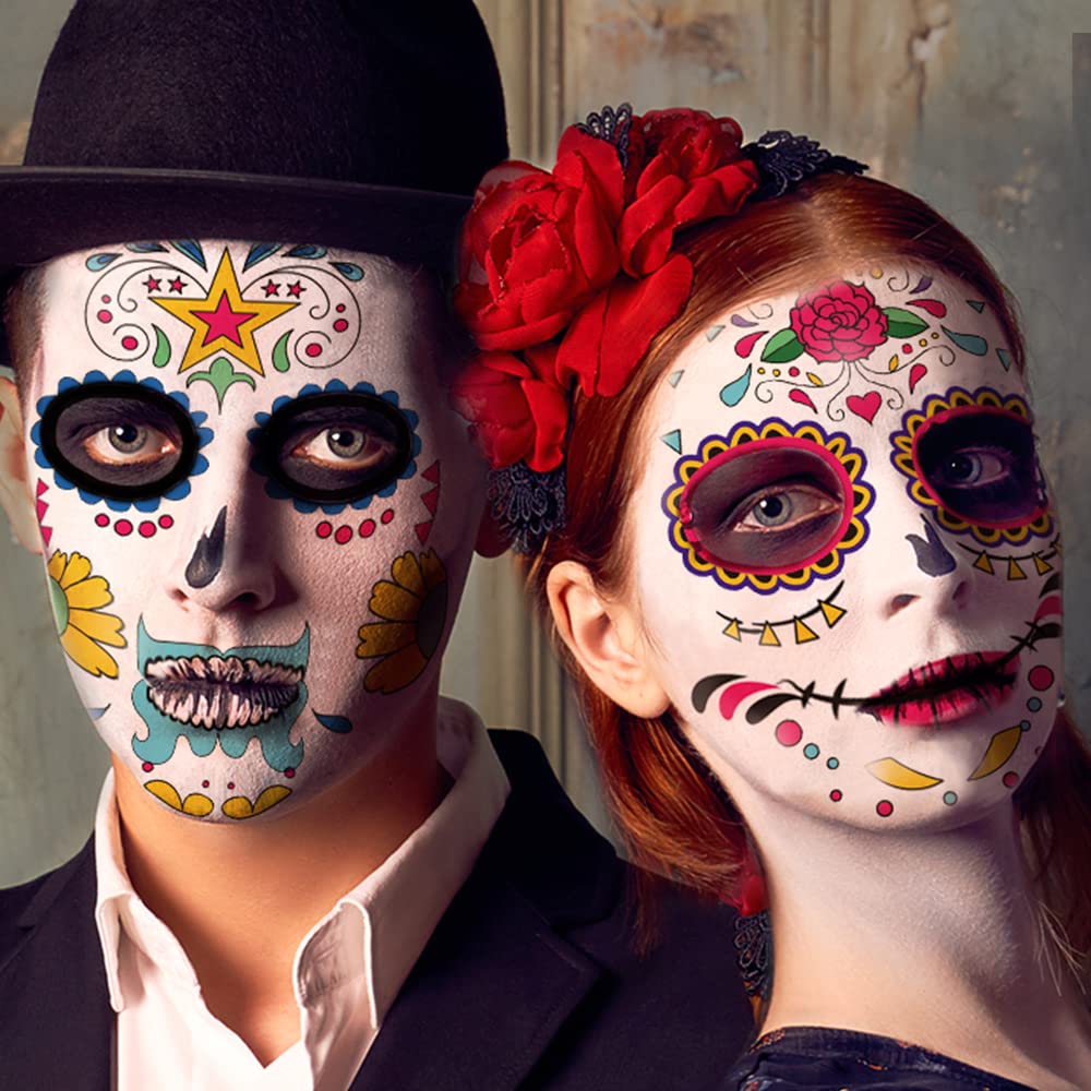 Day of the Dead Face Tattoos, 10 Pack Día de Los Muertos Temporary Face Sticker Kit, Halloween Decorations Sugar Skull Costume Makeup Decor, Glitter Red Roses Skeleton Full Face Mask Tattoos Temporary