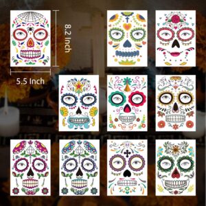 Day of the Dead Face Tattoos, 10 Pack Día de Los Muertos Temporary Face Sticker Kit, Halloween Decorations Sugar Skull Costume Makeup Decor, Glitter Red Roses Skeleton Full Face Mask Tattoos Temporary