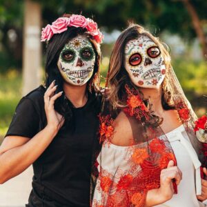 Day of the Dead Face Tattoos, 10 Pack Día de Los Muertos Temporary Face Sticker Kit, Halloween Decorations Sugar Skull Costume Makeup Decor, Glitter Red Roses Skeleton Full Face Mask Tattoos Temporary