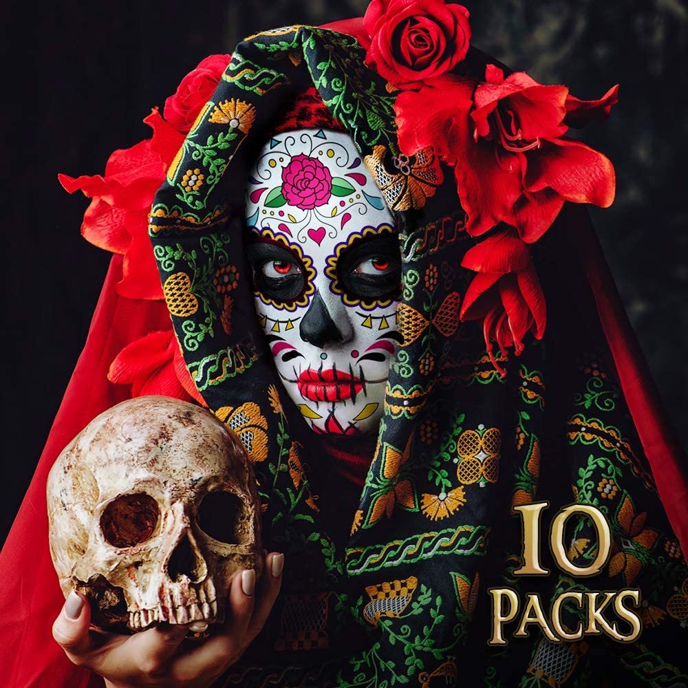 Day of the Dead Face Tattoos, 10 Pack Día de Los Muertos Temporary Face Sticker Kit, Halloween Decorations Sugar Skull Costume Makeup Decor, Glitter Red Roses Skeleton Full Face Mask Tattoos Temporary