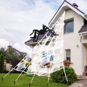 aodini spider web halloween decorations, 16 ×15 feet giant triangular spider web plus a fake big spider, suitable for indoor and outdoor yard haunted house party halloween decor