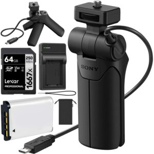 sony vct-sgr1 shooting grip camera tripod for one handed vlogging video shoots adjustable angles creative and stable selfie bundle w/lexar 64gb card + gbx battery and charger compatible with np-bx1
