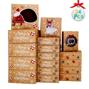 veylin 24 pack christmas cookie pastry box assorted sizes, large holiday bakery food boxes with window for gift gifing goody cookie cupcake treat