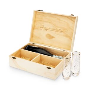 twine champagne bottle gift box, wine box with lid and 2 stemless champagne flutes, packing straw, holds 1 champagne bottle, wood