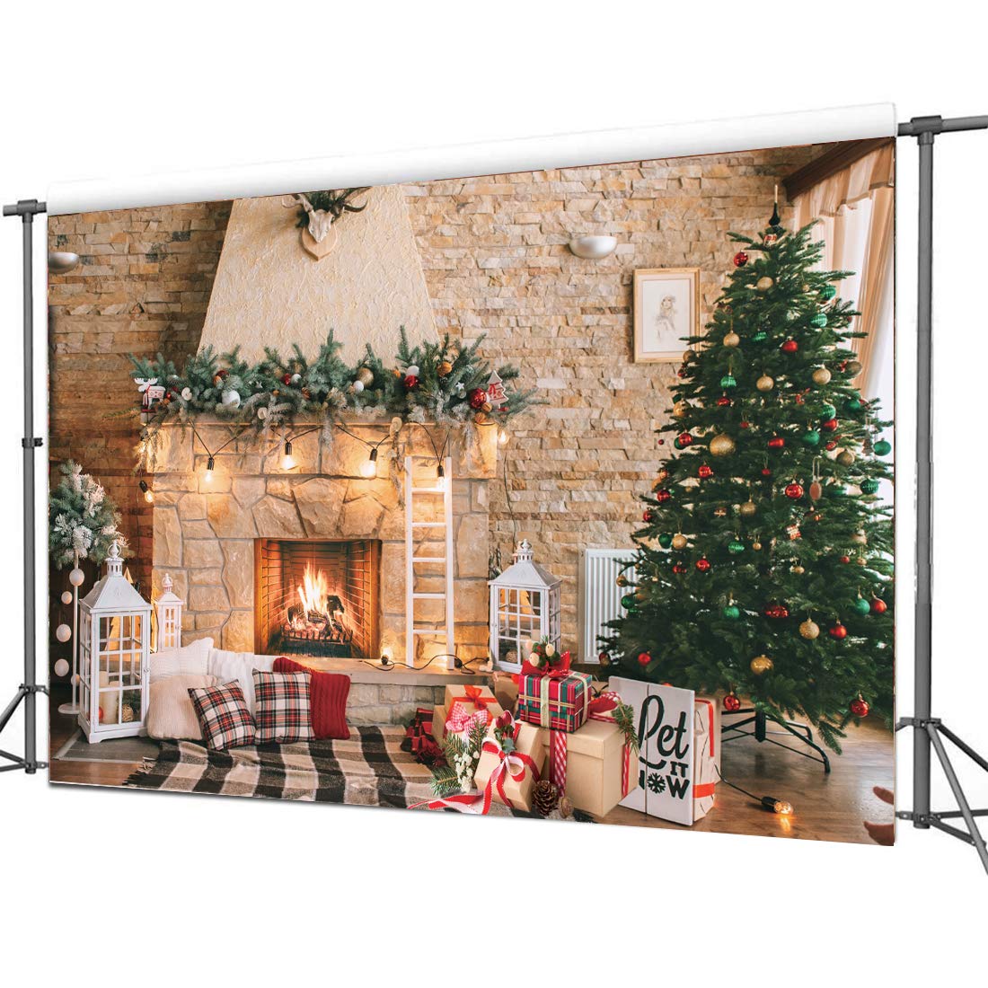 Dudaacvt 8x6ft Christmas Fireplace Theme Backdrop for Photography Christmas Photography Backdrop Merry Xmas Sock Gift Decorations Family Party Party Su pplies Banner Booth Props D470