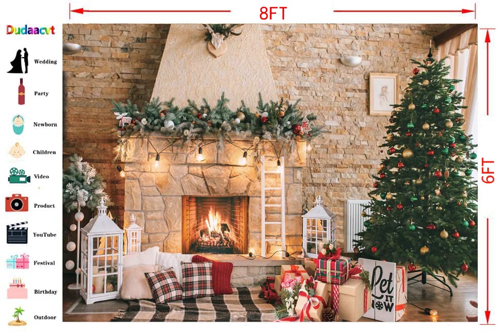 Dudaacvt 8x6ft Christmas Fireplace Theme Backdrop for Photography Christmas Photography Backdrop Merry Xmas Sock Gift Decorations Family Party Party Su pplies Banner Booth Props D470
