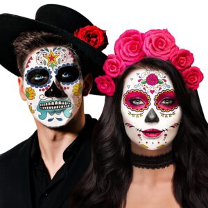 day of the dead face skeleton tattoos/dia de los muertos, halloween temporary sugar skull costume makeup tattoos for women/men/adults, 10 sheets floral rose party costume stickers decor match catrina