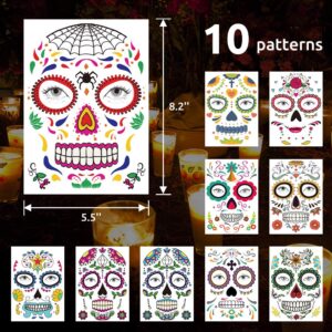 Day of the Dead Face Skeleton Tattoos/Dia De Los Muertos, Halloween Temporary Sugar Skull Costume Makeup Tattoos for Women/Men/Adults, 10 Sheets Floral Rose Party Costume Stickers Decor Match Catrina