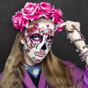 Day of the Dead Face Skeleton Tattoos/Dia De Los Muertos, Halloween Temporary Sugar Skull Costume Makeup Tattoos for Women/Men/Adults, 10 Sheets Floral Rose Party Costume Stickers Decor Match Catrina