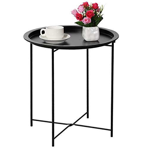 VECELO Modern End Side Tables,Round Metal Foldable Tray,Stable Snack Nightstand for Outdoors,Small Space,Living Room and Balcony, 18.5 in x 18.5 in x 19.7 in, Black