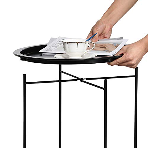 VECELO Modern End Side Tables,Round Metal Foldable Tray,Stable Snack Nightstand for Outdoors,Small Space,Living Room and Balcony, 18.5 in x 18.5 in x 19.7 in, Black