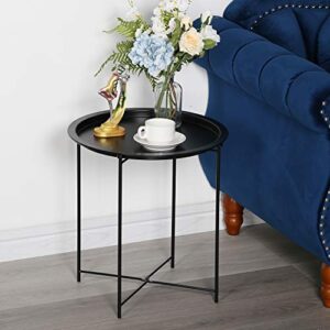 VECELO Modern End Side Tables,Round Metal Foldable Tray,Stable Snack Nightstand for Outdoors,Small Space,Living Room and Balcony, 18.5 in x 18.5 in x 19.7 in, Black