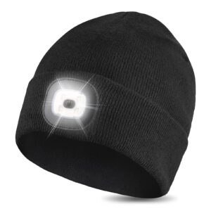 gafres led beanie with light, unisex rechargeable led headlamp hat, warm knit hat for winter safety, head light for outdoor dog walking，gifts for men women dad black