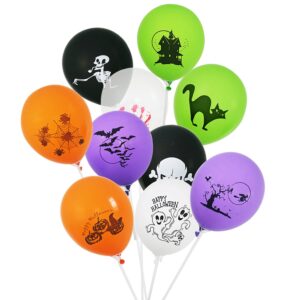 100 pcs halloween balloons 12 inches latex assorted colors with 10 printed designs large thick big round biodegradable bulk helium gas or air inflated jack-o-lantern pumpkin halloween decorations