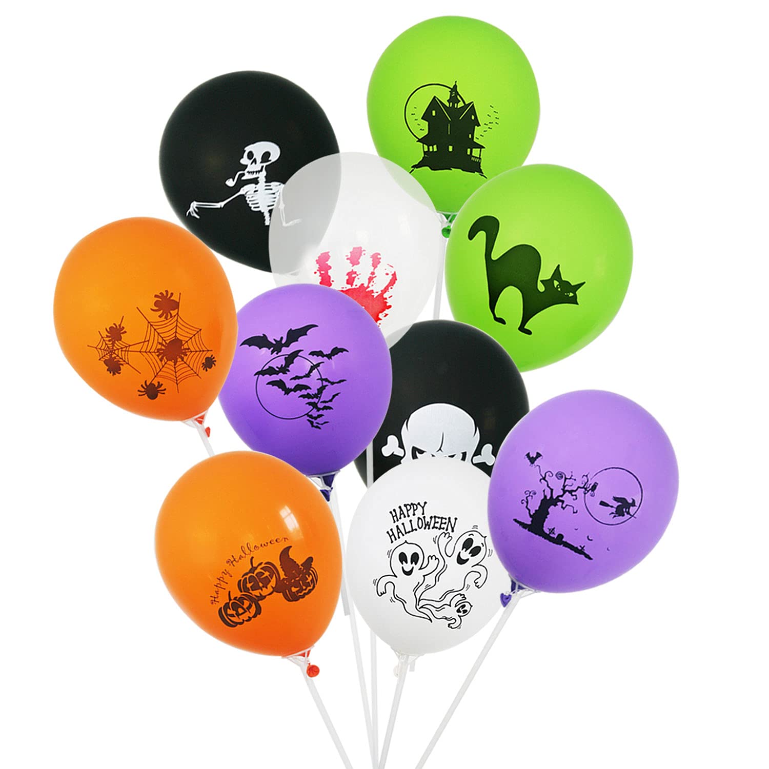 100 PCS Halloween Balloons 12 Inches Latex Assorted Colors with 10 Printed Designs Large Thick Big Round Biodegradable Bulk Helium Gas or Air Inflated Jack-O-Lantern Pumpkin Halloween Decorations