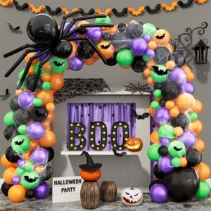 halloween balloon garland arch kit 165pcs with halloween spider web and bat,black orange green purple balloons spider balloons for halloween day party decorations