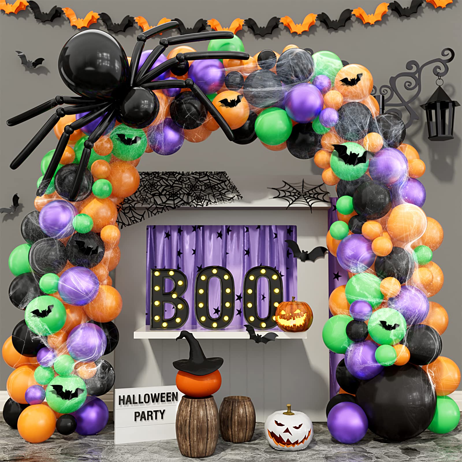 Halloween Balloon Garland Arch kit 165pcs with Halloween Spider Web and Bat,Black Orange Green Purple Balloons Spider Balloons for Halloween Day Party Decorations