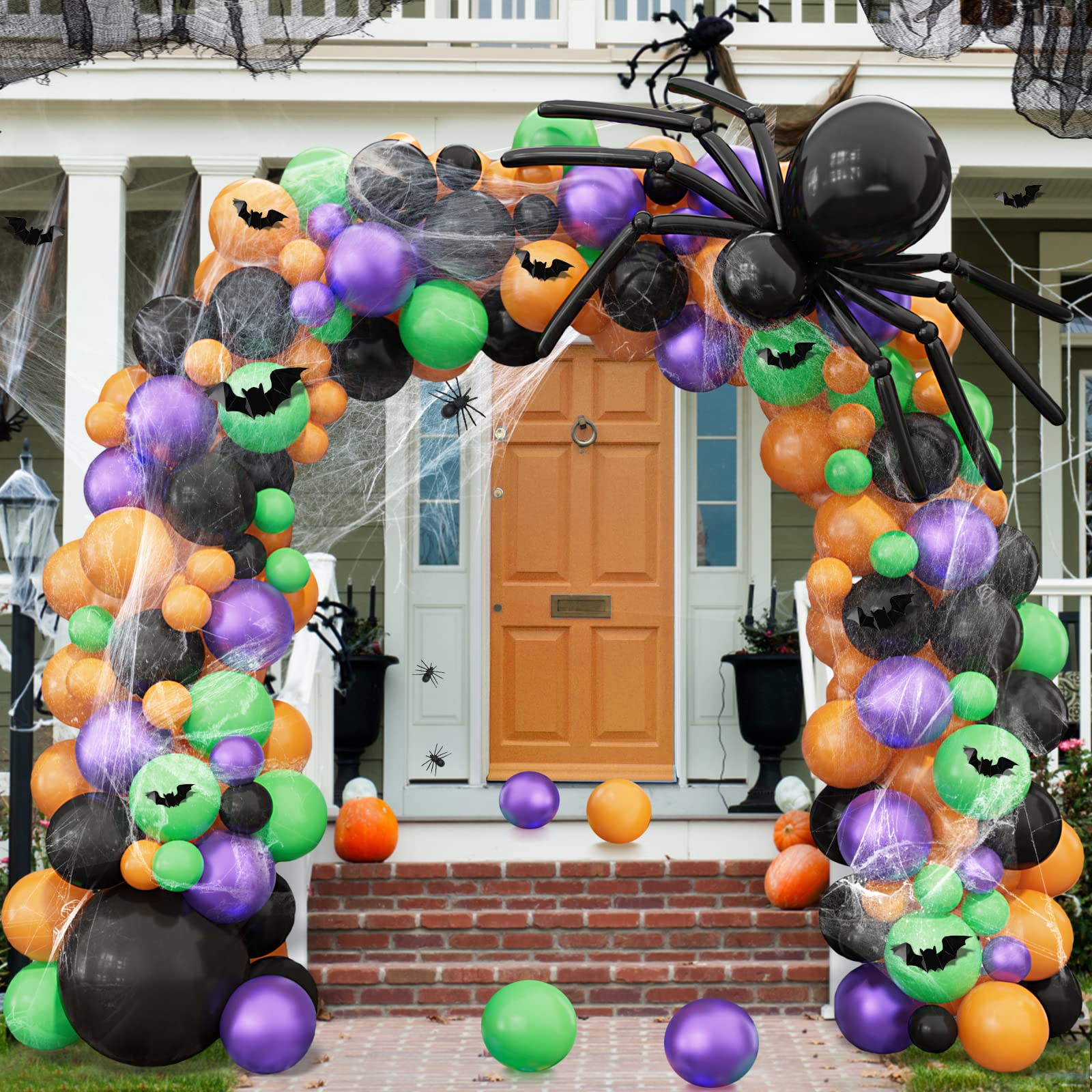 Halloween Balloon Garland Arch kit 165pcs with Halloween Spider Web and Bat,Black Orange Green Purple Balloons Spider Balloons for Halloween Day Party Decorations