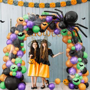 Halloween Balloon Garland Arch kit 165pcs with Halloween Spider Web and Bat,Black Orange Green Purple Balloons Spider Balloons for Halloween Day Party Decorations