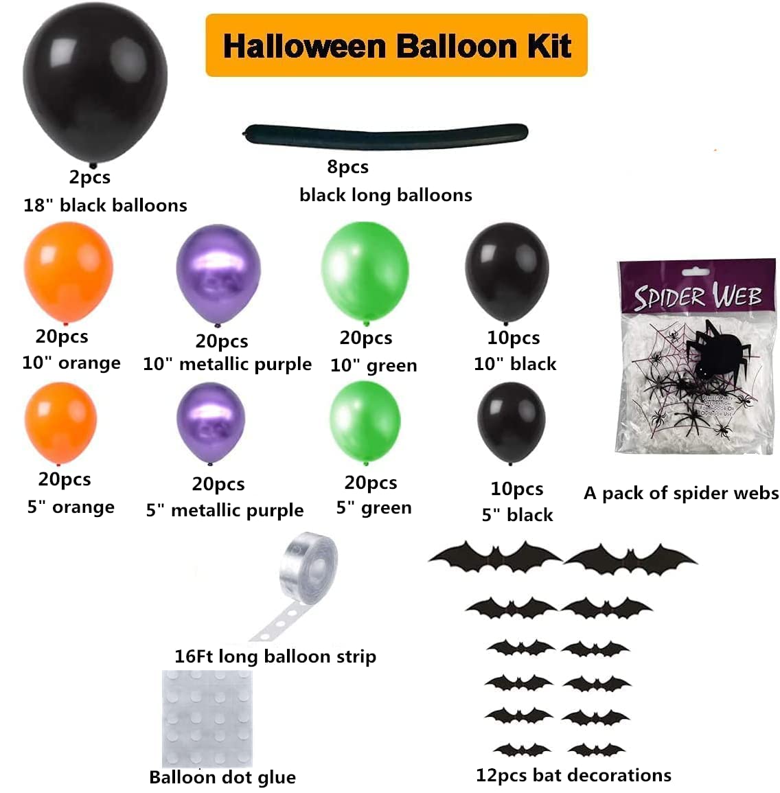 Halloween Balloon Garland Arch kit 165pcs with Halloween Spider Web and Bat,Black Orange Green Purple Balloons Spider Balloons for Halloween Day Party Decorations