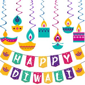 joy bang diwali decorations, happy diwali banner, deepavali hanging swirls, indian festival of lights party decor, hindu diwali greeting party supplies, diwali decor