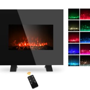 Electric Fireplace Wall Mounted Heater, 1500W Freestanding Fireplace Heater with 10 Colorful Flame Brightness Adjustment, 3D Realistic Flame Effect, Full Screen Glass & Remote Control, 26 Inch