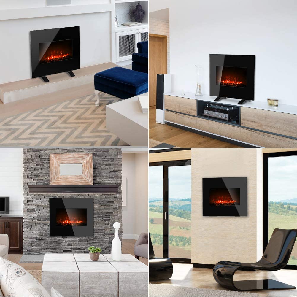 Electric Fireplace Wall Mounted Heater, 1500W Freestanding Fireplace Heater with 10 Colorful Flame Brightness Adjustment, 3D Realistic Flame Effect, Full Screen Glass & Remote Control, 26 Inch