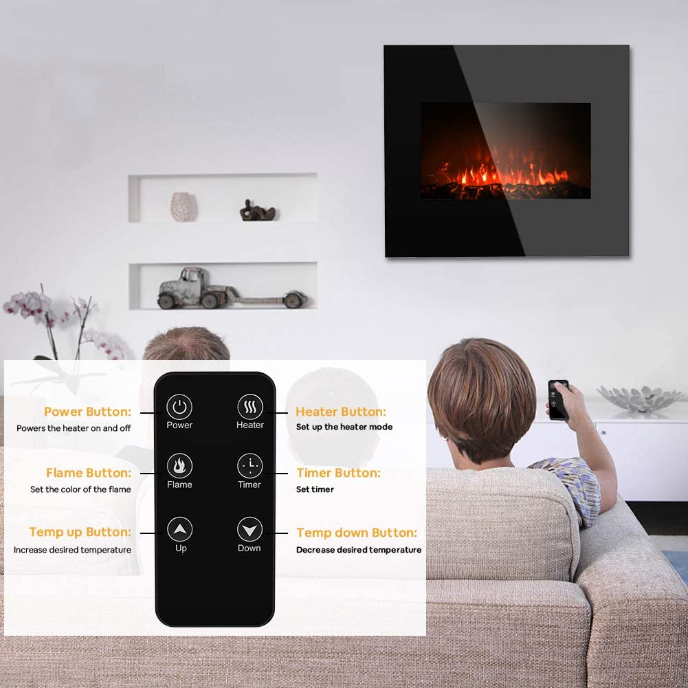 Electric Fireplace Wall Mounted Heater, 1500W Freestanding Fireplace Heater with 10 Colorful Flame Brightness Adjustment, 3D Realistic Flame Effect, Full Screen Glass & Remote Control, 26 Inch