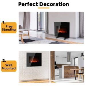 Electric Fireplace Wall Mounted Heater, 1500W Freestanding Fireplace Heater with 10 Colorful Flame Brightness Adjustment, 3D Realistic Flame Effect, Full Screen Glass & Remote Control, 26 Inch