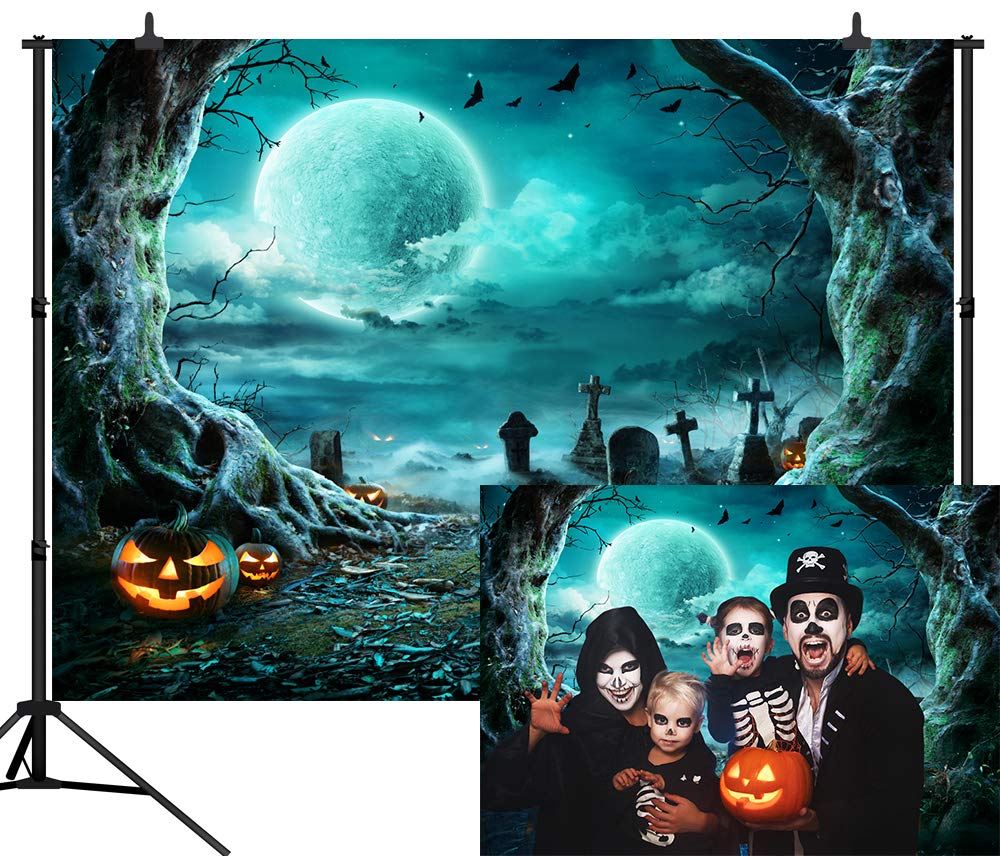 CapiSco 7X5FT Halloween Backdrop Photography Background Horror Moon Night Scary Cemetery Pumpkin Lantern Backdrop for Kids Adult Family Party Birthday Banner Decor Halloween Photo Backdrop SCO192A