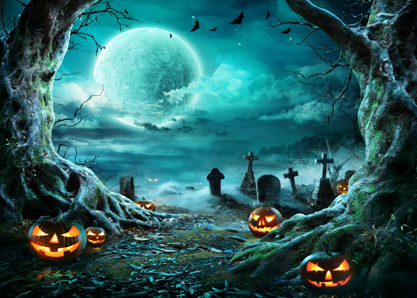 CapiSco 7X5FT Halloween Backdrop Photography Background Horror Moon Night Scary Cemetery Pumpkin Lantern Backdrop for Kids Adult Family Party Birthday Banner Decor Halloween Photo Backdrop SCO192A