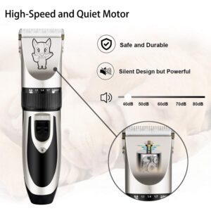 Dog Grooming Kit Clippers, Low Noise, Electric Quiet, Rechargeable, Cordless, Pet Hair Thick Coats Clippers Trimmers Set, Suitable for Dogs, Cats, and Other Pets (Silver)