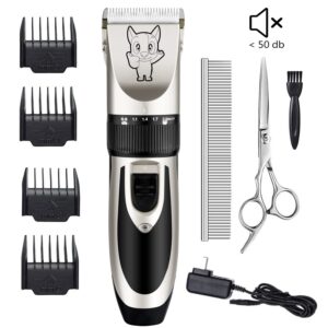 Dog Grooming Kit Clippers, Low Noise, Electric Quiet, Rechargeable, Cordless, Pet Hair Thick Coats Clippers Trimmers Set, Suitable for Dogs, Cats, and Other Pets (Silver)