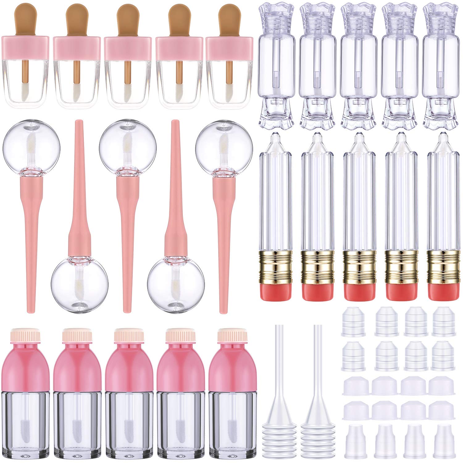 30 Pieces Empty Lip Gloss Tubes Tool Set, Include 25 Pencil Ice Cream Lollipop Bottle Candy Shaped Empty Lip Gloss Bottle Refillable Lip Balm Containers and 5 Plastic Funnels for Women Girls DIY