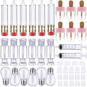 28 pieces transparent empty lip gloss tube containers, include 24 pencil and candy shaped oil bottles, ice cream funny light bulb balm tube, 4 plastic syringe for women girls diy