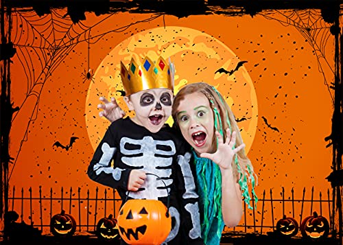 CYLYH 7x5ft Happy Halloween Orange Backdrop Halloween Eve BackdropHalloween Party Lantern Moon Bat Spider Web Graveyard Fence Photography Background Party Decorations