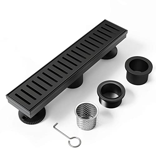 WEBANG 12 Inch Shower Linear Black Drain Rectangular Floor Drain with Accessories Capsule Pattern Cover Grate Removable SUS304 Stainless Steel CUPC Certified Matte Black