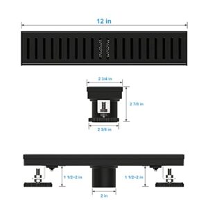 WEBANG 12 Inch Shower Linear Black Drain Rectangular Floor Drain with Accessories Capsule Pattern Cover Grate Removable SUS304 Stainless Steel CUPC Certified Matte Black