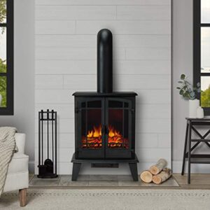 real flame foster stove electric fireplace - freestanding with adjustable thermostat, auto shut-off