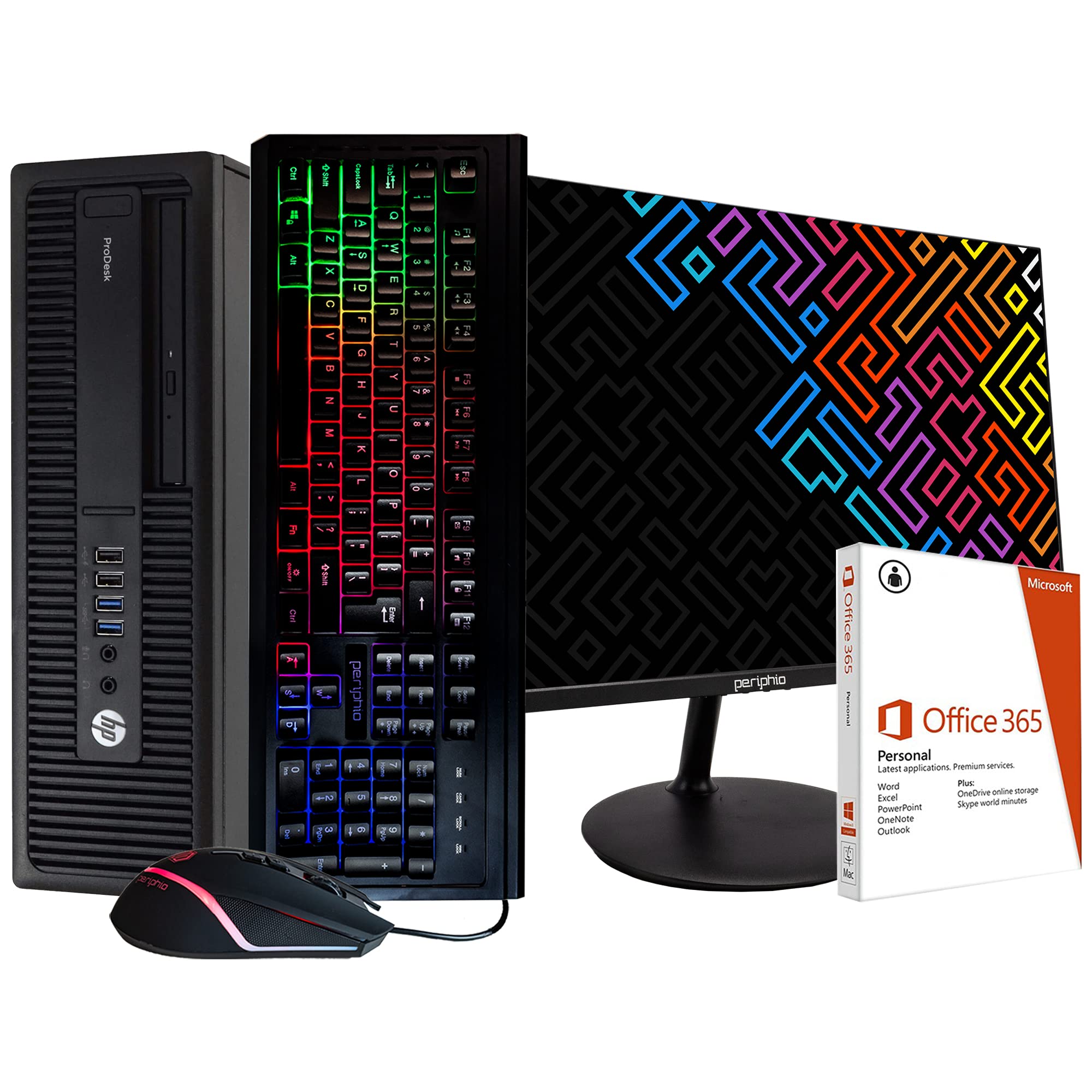 HP 600 G2 Desktop Computer PC, Intel i5, 16GB, 2TB, Windows 10 Pro, 24 LCD Monitor, Microsoft Office 365 Personal, New 16GB Flash Drive, RGB Keyboard & Mouse, WiFi, DVD (Renewed)