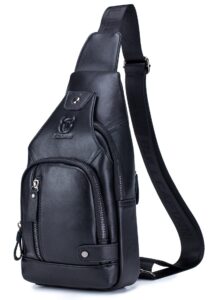 bullcaptain genuine leather mens sling bag multipurpose travel crossbody chest bag daypacks with usb charging port (black)